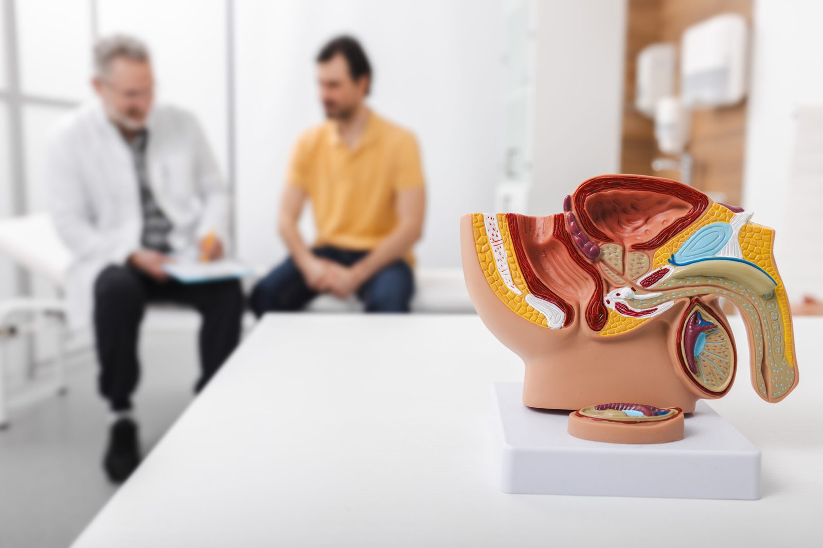 A detailed anatomical model of the male reproductive system sits on a table, as a doctor discusses metastatic prostate cancer with a male patient in the blurred background of a medical surgery.