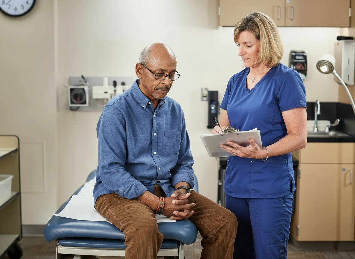 A male patient sits on an exam table looking down while a female healthcare professional in blue scrubs stands beside him, holding a clipboard and writing notes in a medical office.