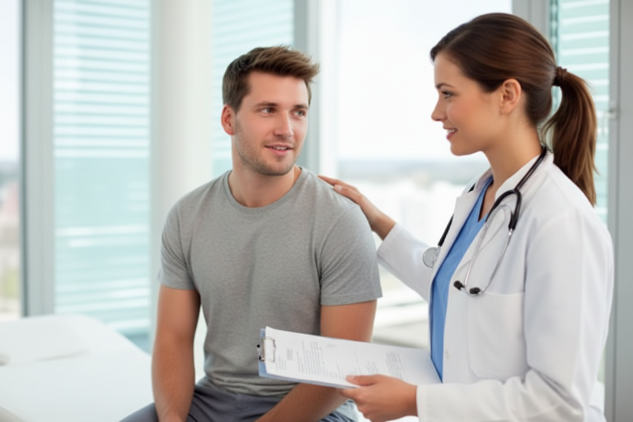 A female doctor with a clipboard smiles and speaks to a seated male patient in a modern medical office with large windows.