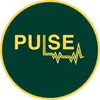 A dark green circle outlined in yellow contains the word PULSE in yellow capital letters, with the L depicted as a jagged pulse or heartbeat line.