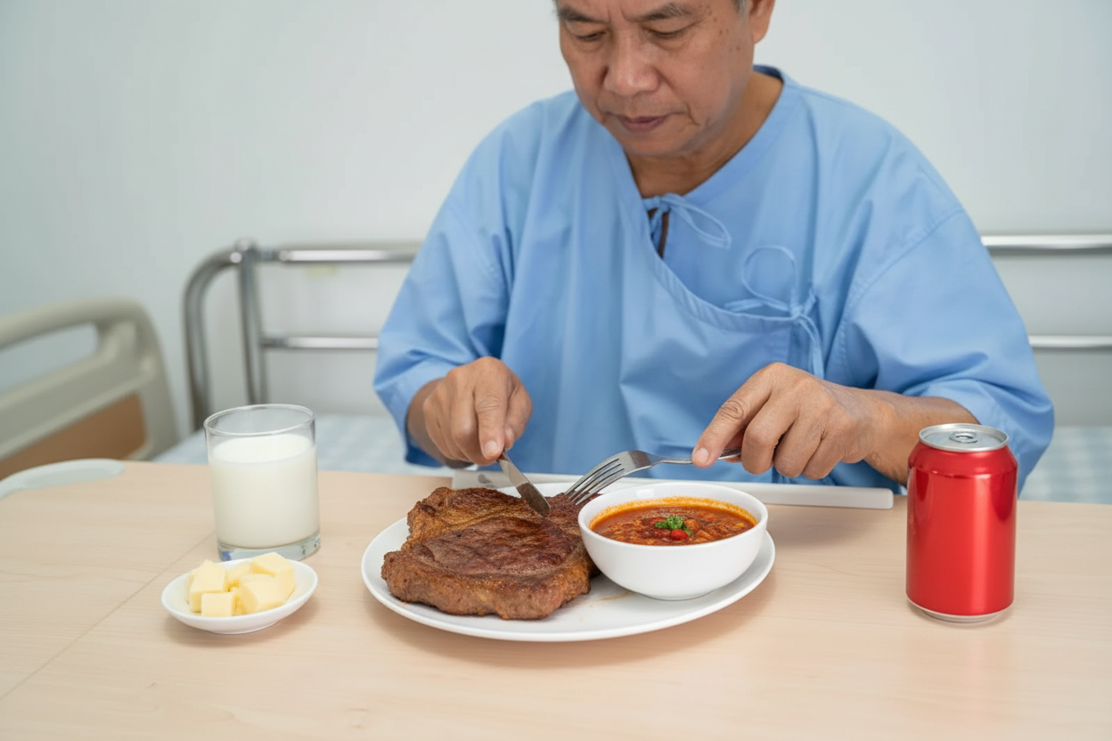 An older man in a hospital gown sits at a table with a large steak, a bowl of soup, a glass of milk, a can of soda, and a small plate of butter cubes in front of him. He is cutting the steak with a knife and fork.