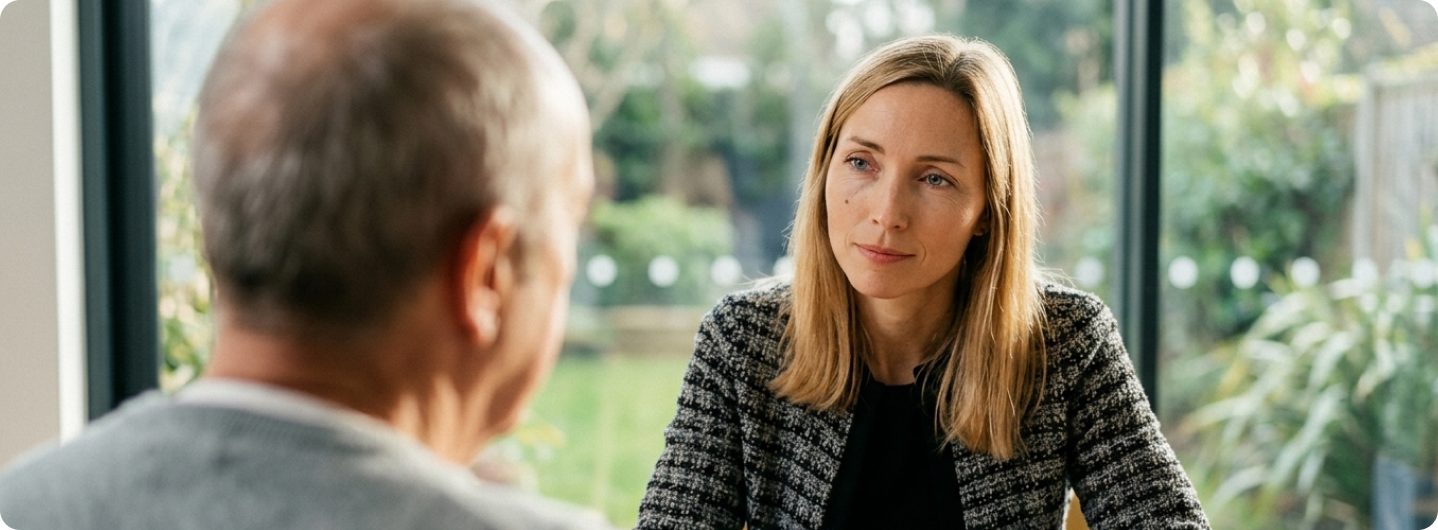 A woman with blonde hair listens attentively to an older man during a conversation at a table, with a large window and greenery in the background.