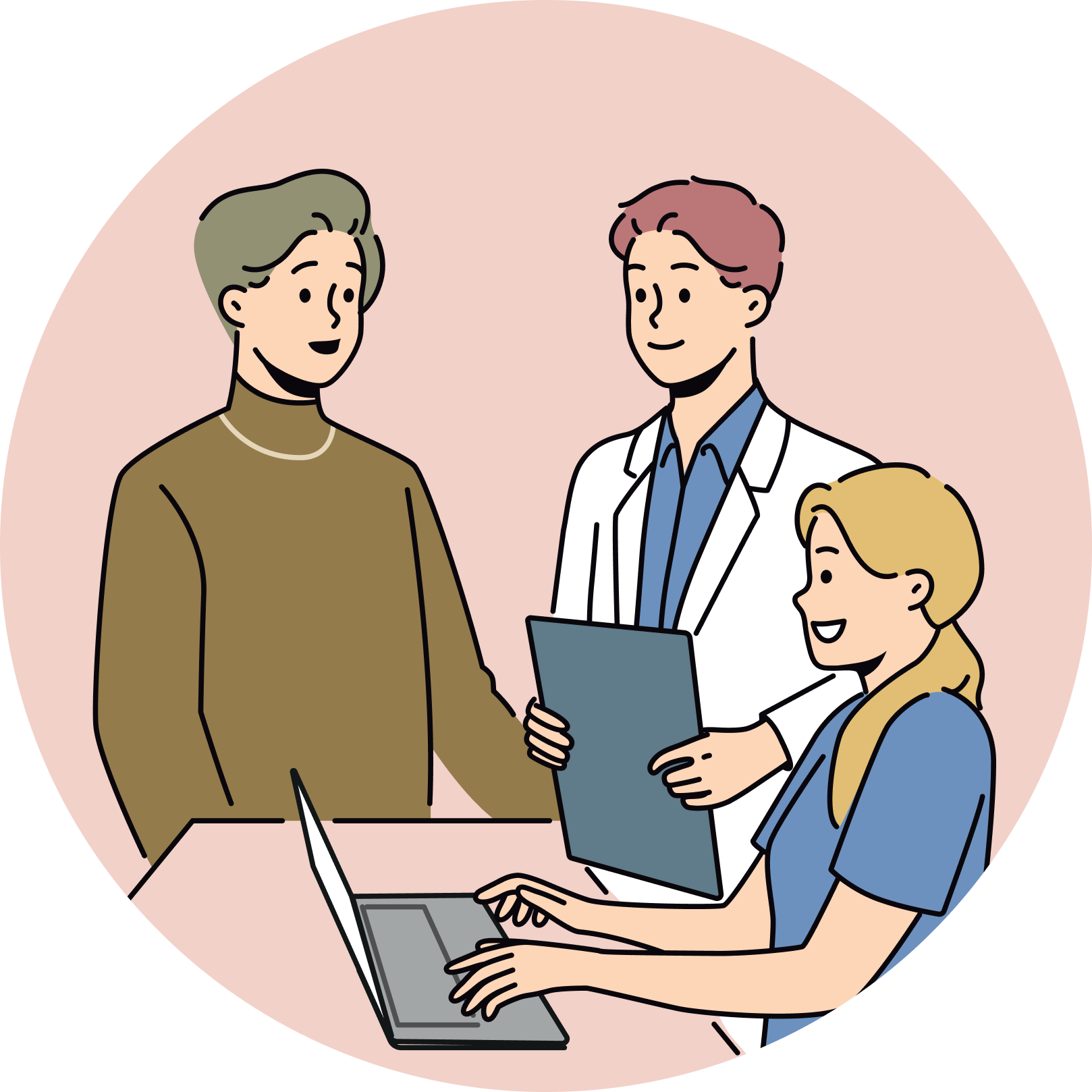 Three people are having a discussion. One is sitting and typing on a laptop, while the other two are standing nearby, with one holding a clipboard. They appear to be collaborating in a professional setting.