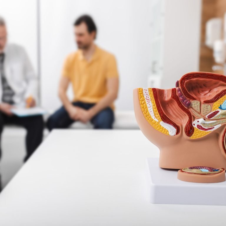 A detailed anatomical model of the male reproductive system sits on a table, as a doctor discusses metastatic prostate cancer with a male patient in the blurred background of a medical surgery.