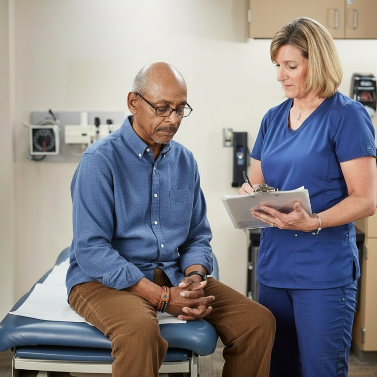 A male patient sits on an exam table looking down while a female healthcare professional in blue scrubs stands beside him, holding a clipboard and writing notes in a medical office.