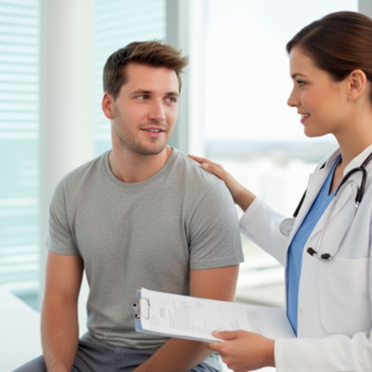 A female doctor with a clipboard smiles and speaks to a seated male patient in a modern medical office with large windows.
