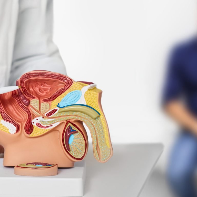 A doctor points to a prostate model with a pen, explaining anatomy and discussing whether prostate cancer is genetic; a man sits blurred in the background, suggesting a medical consultation.